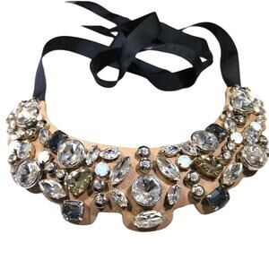 Chunky Rhinestones Tan Suede Bib Necklace, Long Black Ribbon Ties, Statement